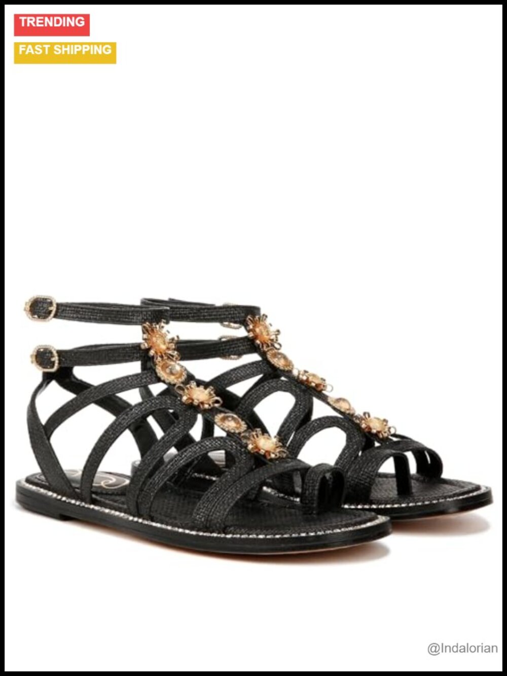 Gladiator Sandals with Floral Embellishments, Ankle Strap, Flat Heel